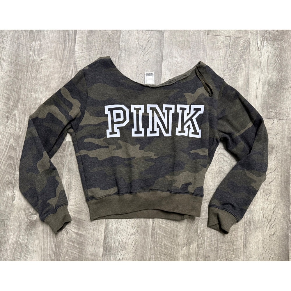 Victoria's Secret PINK Camo Cropped M Sweatshirt Raw Neck Pullover Green
